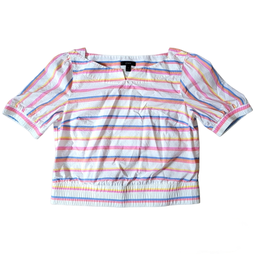 J. Crew Cropped Cinched Waist Sorbet Striped Top Puff Sleeve Size 8